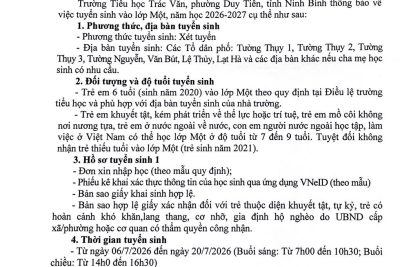 THÔNG BÁO TUYỂN SINH LỚP 1 NĂM HỌC 2026-2027